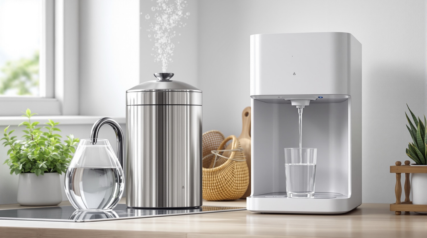 A stainless steel countertop water distiller releasing steam beside a glass carafe of distilled water, next to a white countertop reverse osmosis purifier dispensing water into a drinking glass