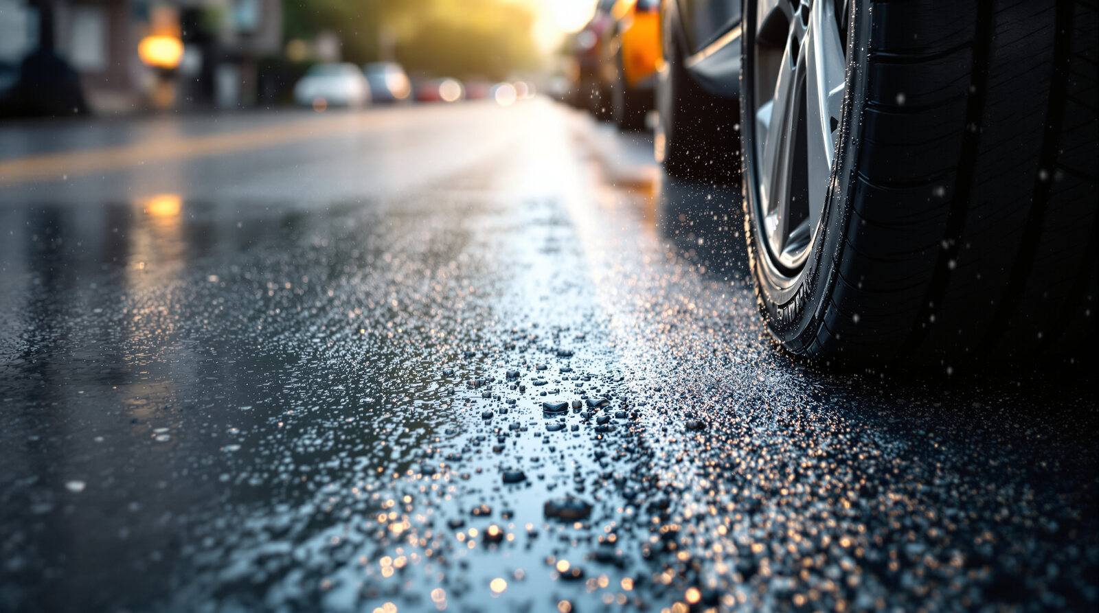 A close-up of a car tire on a wet city street with fine road spray and dust, the single largest source of microplastics from tire and road wear