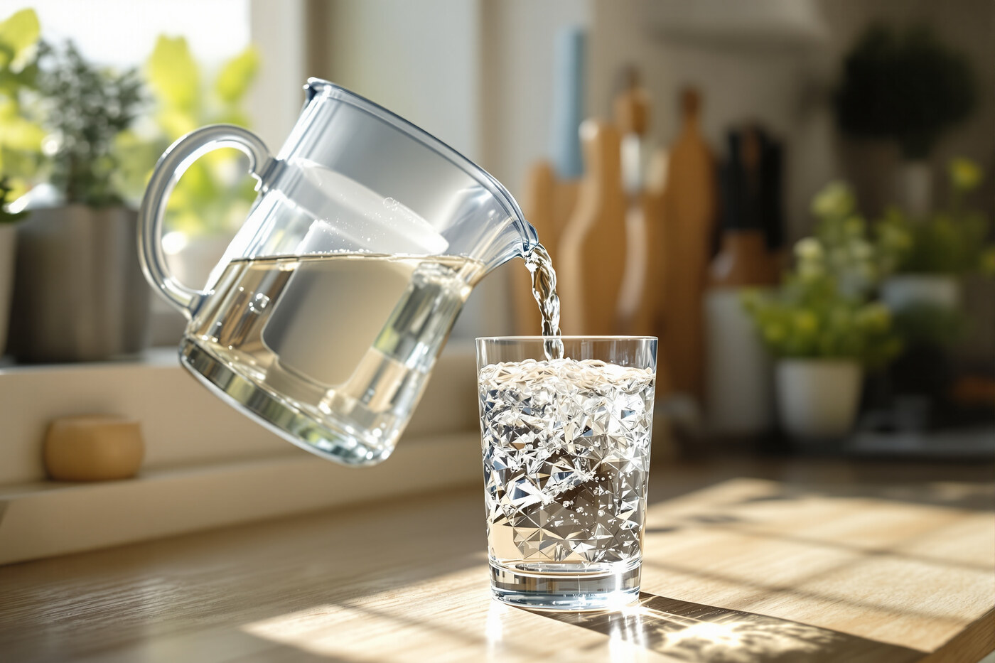 A clear glass water filter pitcher pouring filtered water into a glass on a sunlit kitchen counter