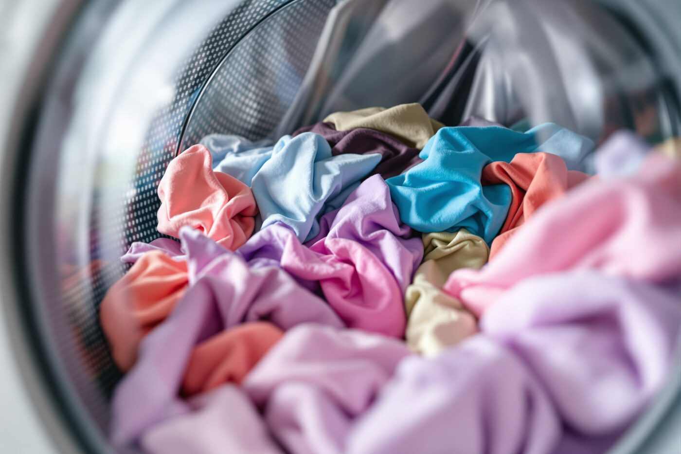 Colorful synthetic clothing tumbling inside a washing machine drum seen through the glass door, a major source of microplastic fibers